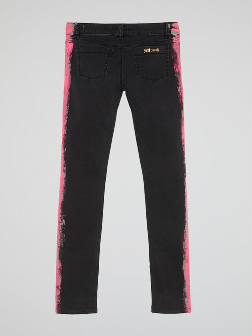 Black Contrast Side Print Jeans