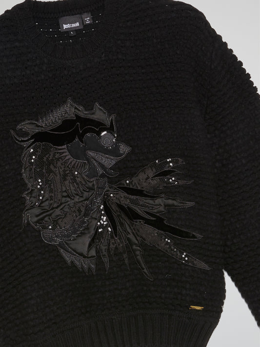 Black Sequin Embellished Textured Sweater