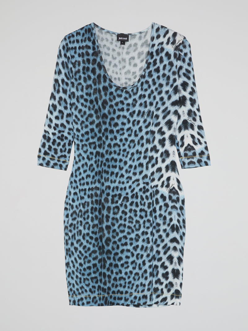 Blue Leopard Print Scoop Neck Dress