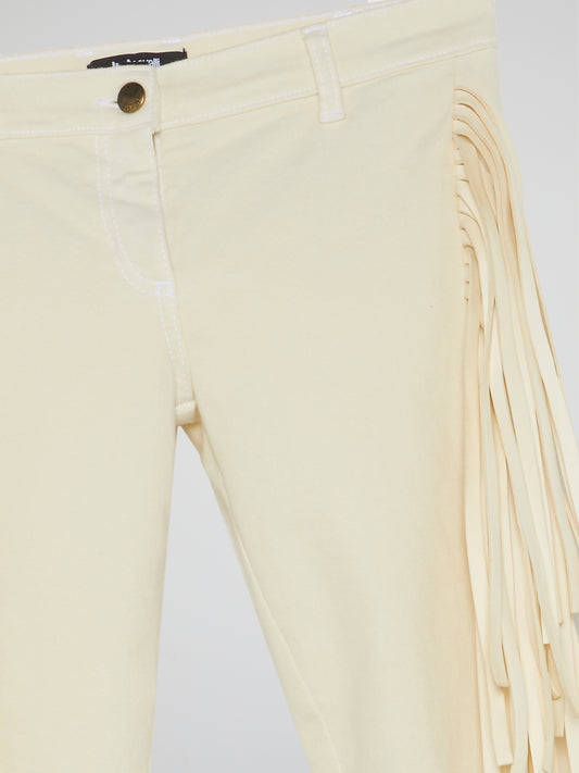 White Fringe-Detail Trousers