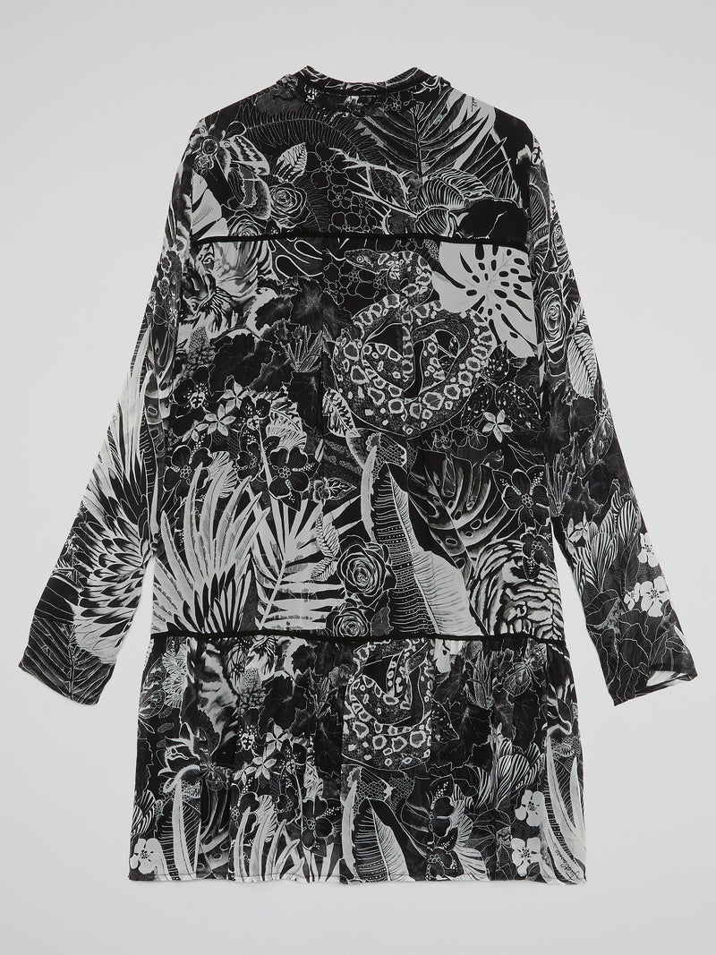 Black Tropical Print Drop Waist Dress