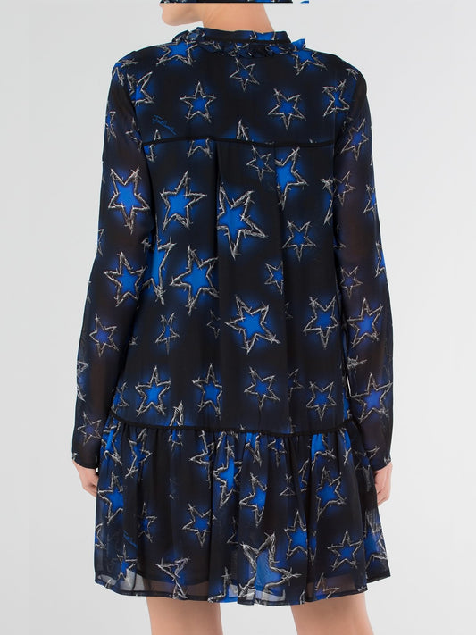 Темно-синее платье-мини со шнурком и принтом "звезды"