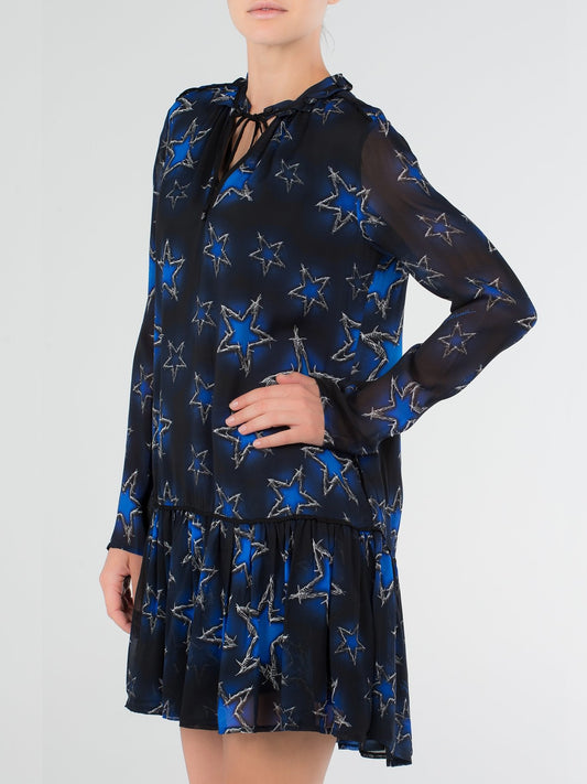 Темно-синее платье-мини со шнурком и принтом "звезды"