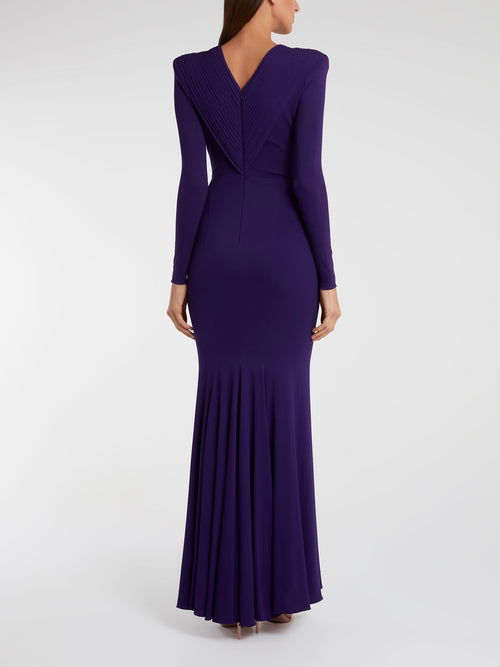Herv L. Leroux Purple Pleated Long Sleeve Maxi Dress 38 / Purple Herv L. Leroux Purple Pleated Long Sleeve Maxi Dress 38 / Purple