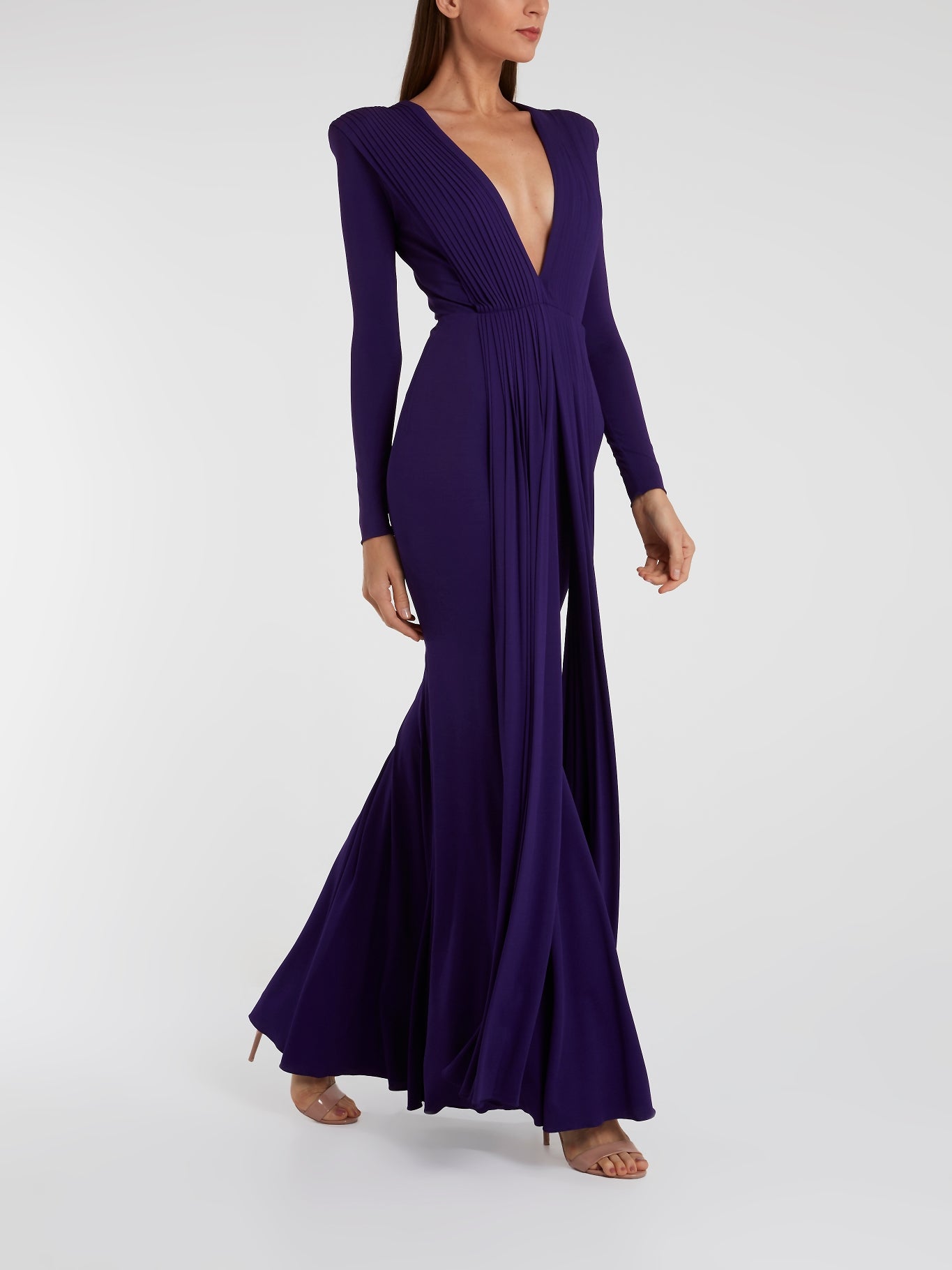 Purple Pleated Long Sleeve Maxi Dress