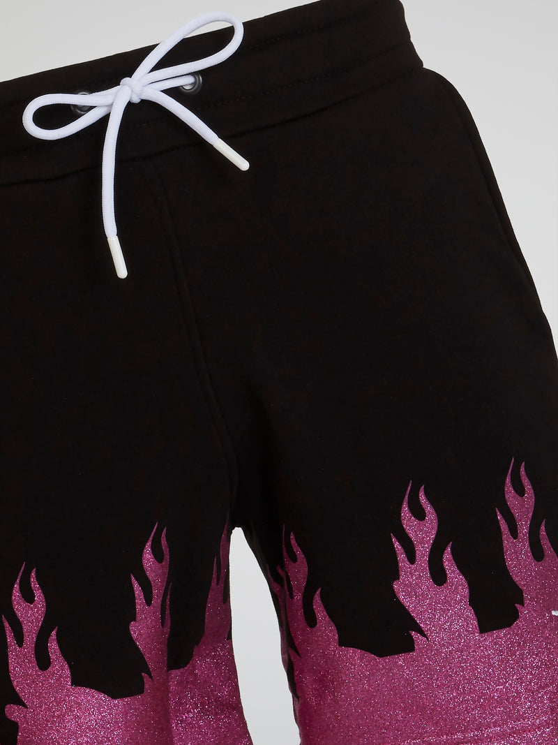 Black Glittered Flames Drawstring Shorts