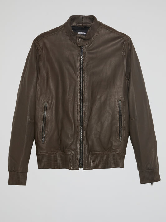 Brown Ribbed Trim Leather Jacket