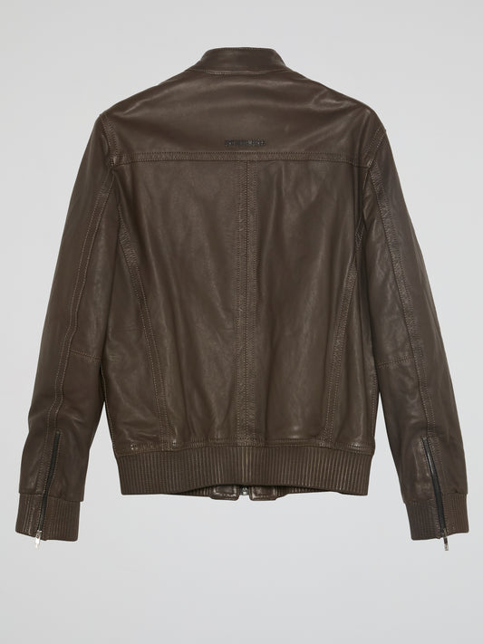 Brown Ribbed Trim Leather Jacket