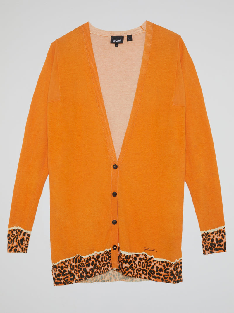 Orange Leopard Print Hem Cardigan