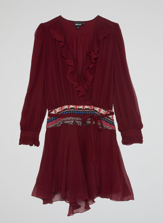 Burgundy Tie-Front Rufflle Dress