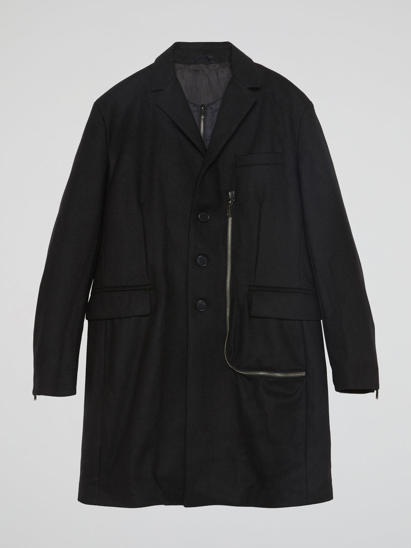 Black Zipper-Detail Trench Coat