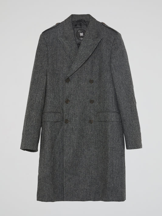 Grey Double-Breasted Tweed Trench Coat