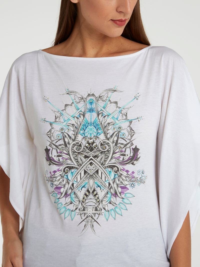 White Printed Butterfly Sleeve Top