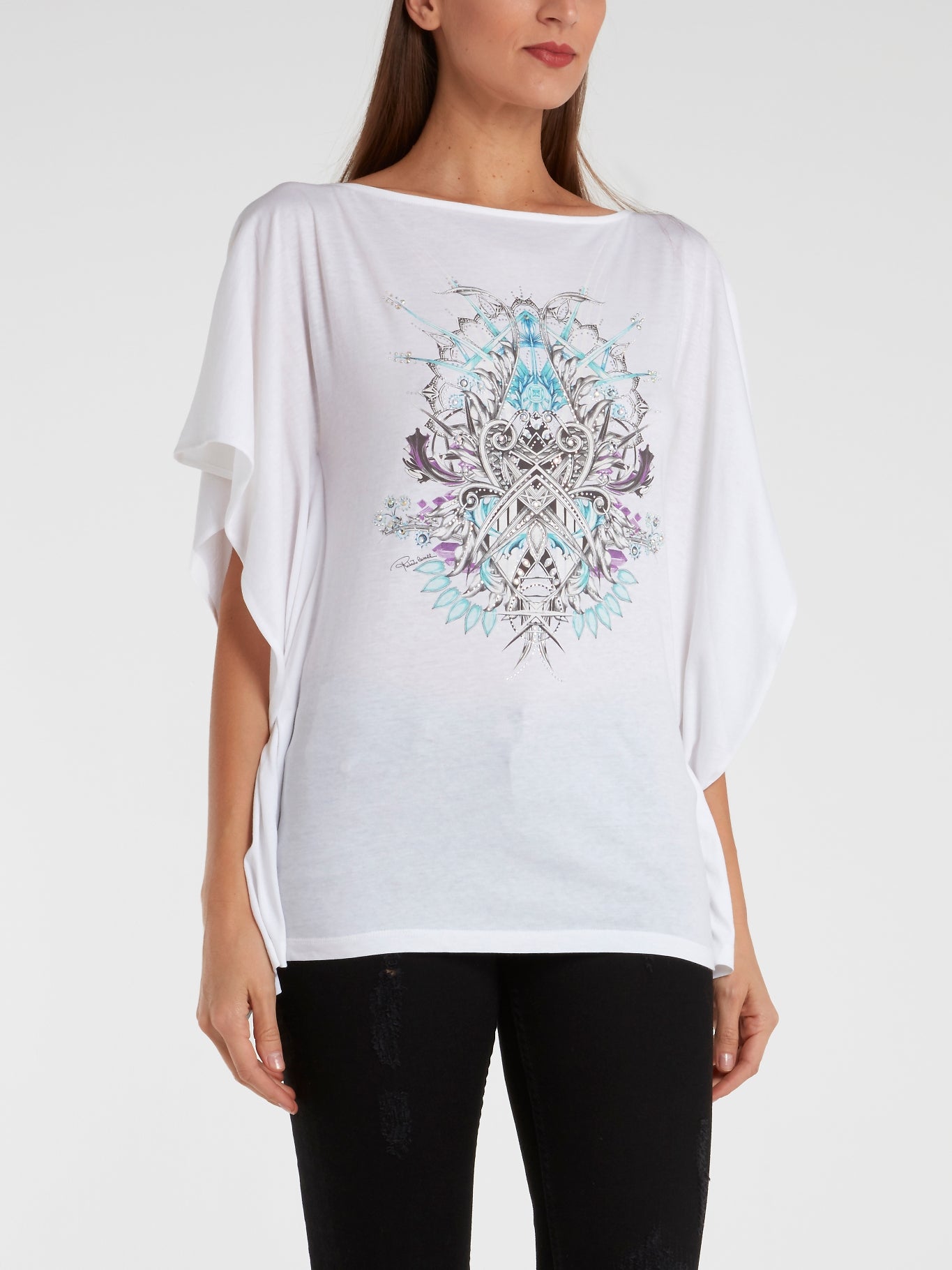White Printed Butterfly Sleeve Top
