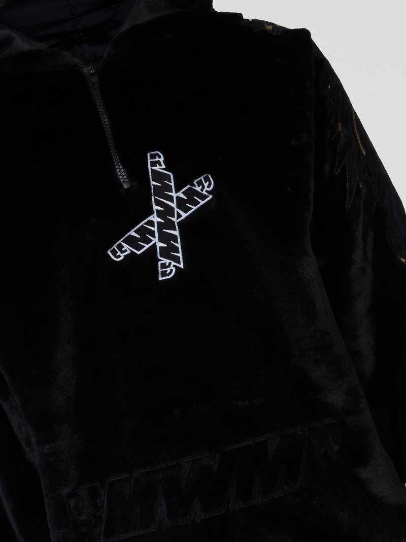Black Embroidered Plush Hoodie