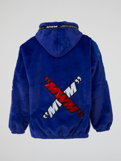 Blue Embroidered Plush Hoodie