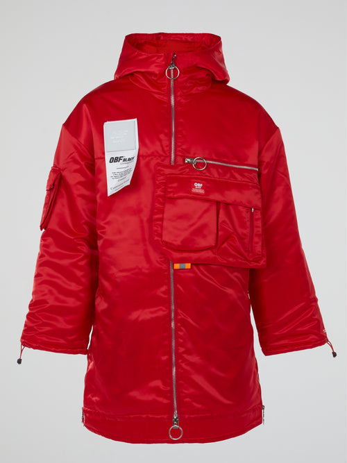 Red Satin Hooded Parka Coat