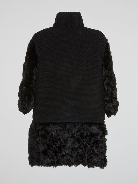 Black Fur-Panel Knitted Trench Coat