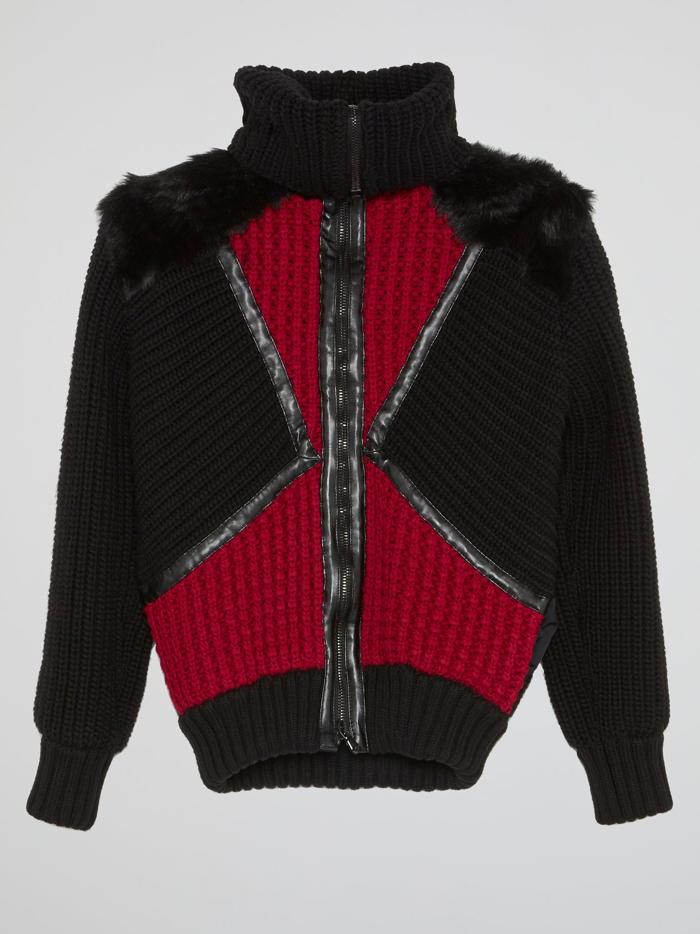 Fur Panel Ribbed Turtleneck Sweater