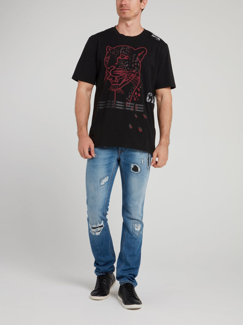 Black Leopard Head Print T-Shirt