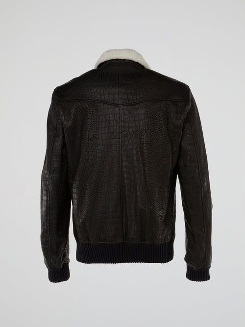 Black Fur Collar Reptilian Leather Jacket