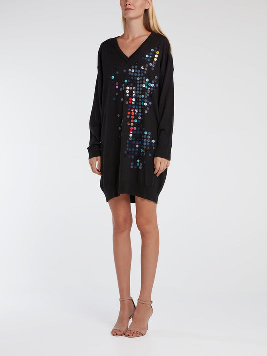 Black Paillette Embellished Sweater Dress