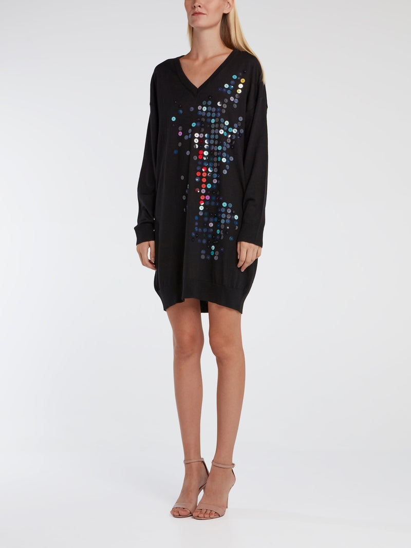sweater dress with sequins Black Sweater Dress - Medium 80s Soft Sparkle Knit With Sequins & Beaded Tassels - 1980s 90s Glamour Girl Long Sleeve Knitwear - Bust 40