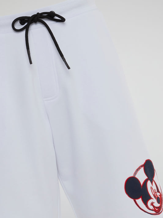 White Mickey Mouse Design Drawstring Shorts