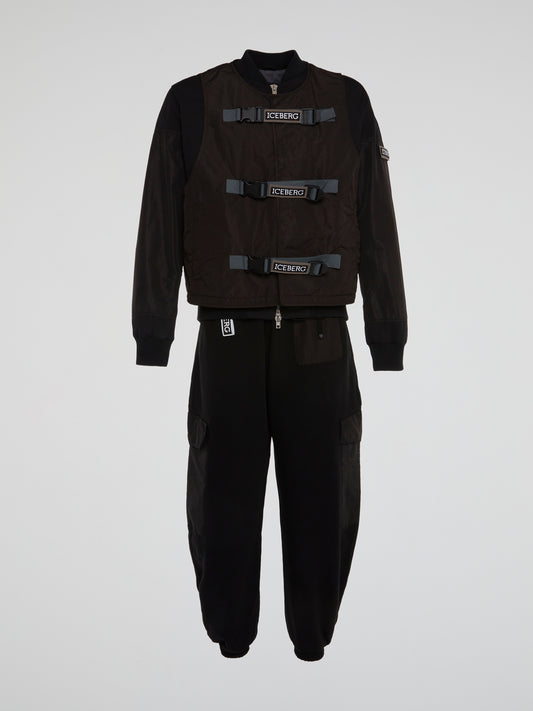 Black Logo Bomber Jacket with False Vest Panel