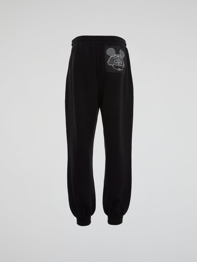 Black Mickey Mouse Rear Design Drawstring Trousers