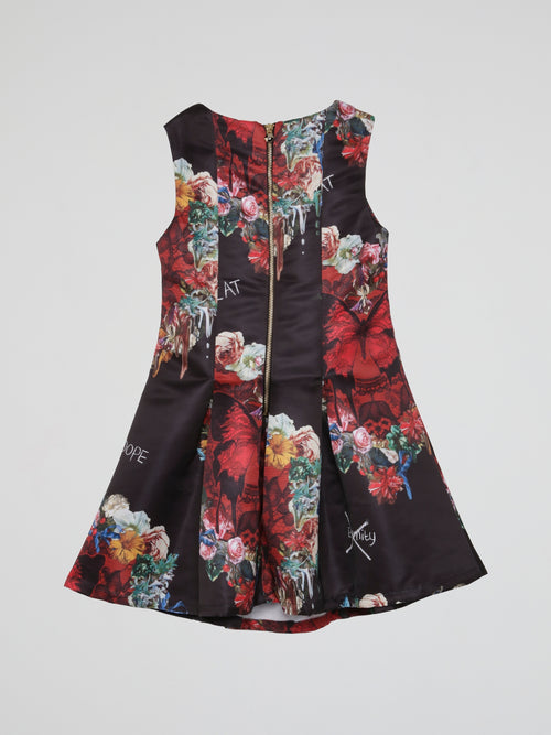 Black Floral Pleated Mini Dress (Kids)