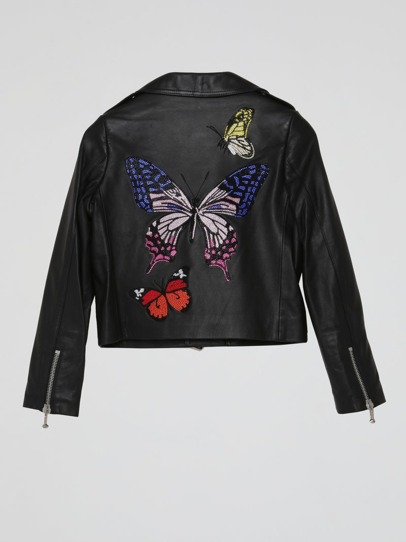 Black Rear Butterfly Crystals Leather Jacket (Kids)