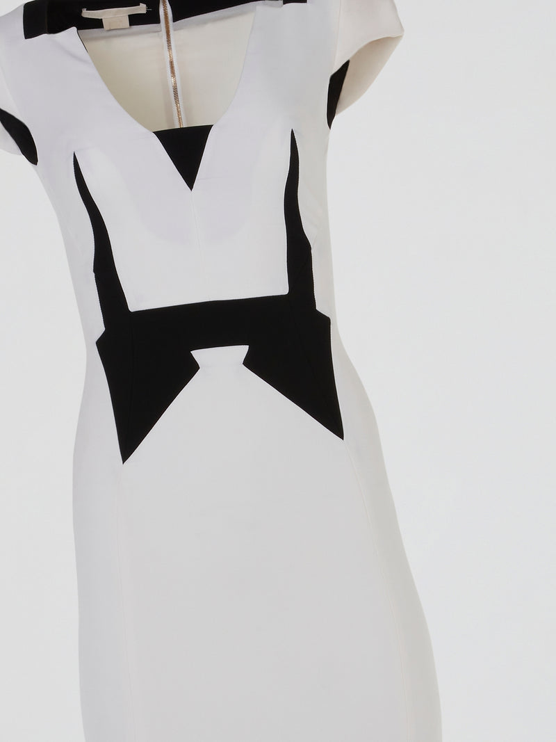 White Contrast Design Midi Dress