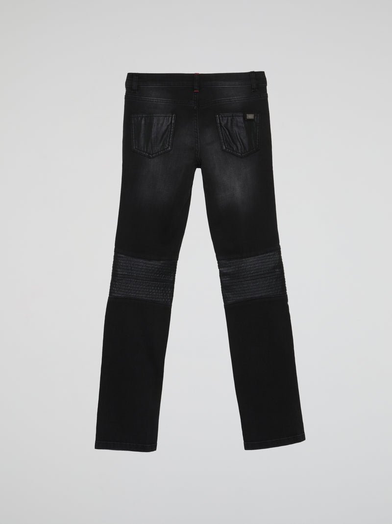 Black Leather Patch Faded Jeans (Teens)