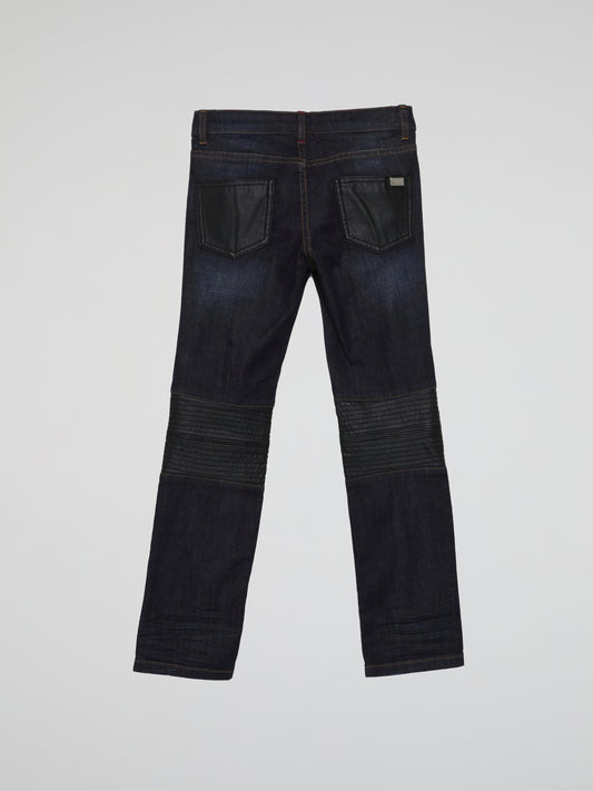 Navy Leather Patch Faded Jeans (Kids)