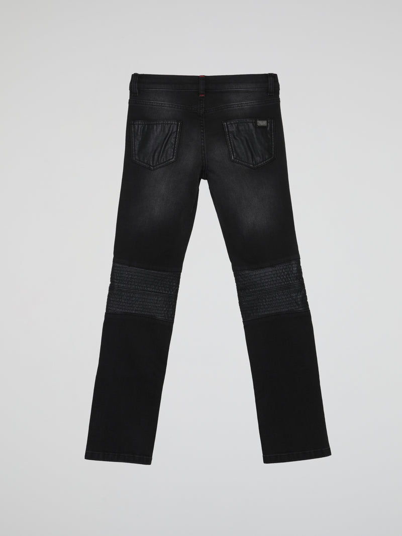 Black Leather Patch Faded Jeans (Kids)