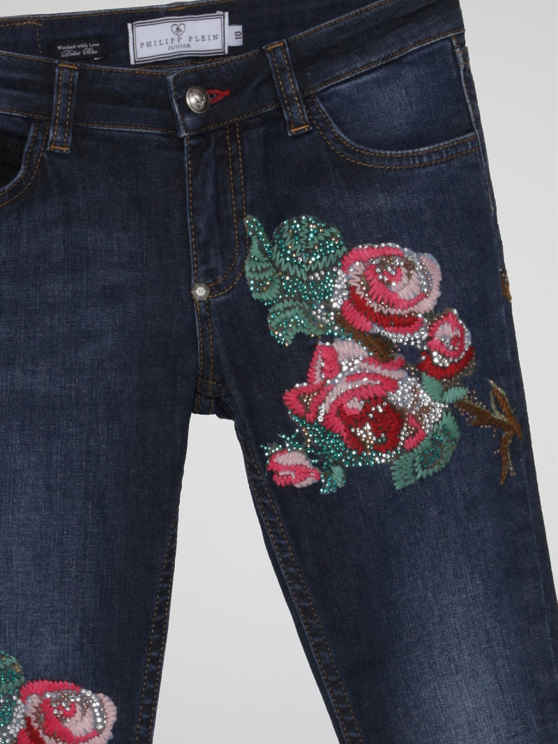 Navy Embroidered Flowers Denim Jeans (Kids)