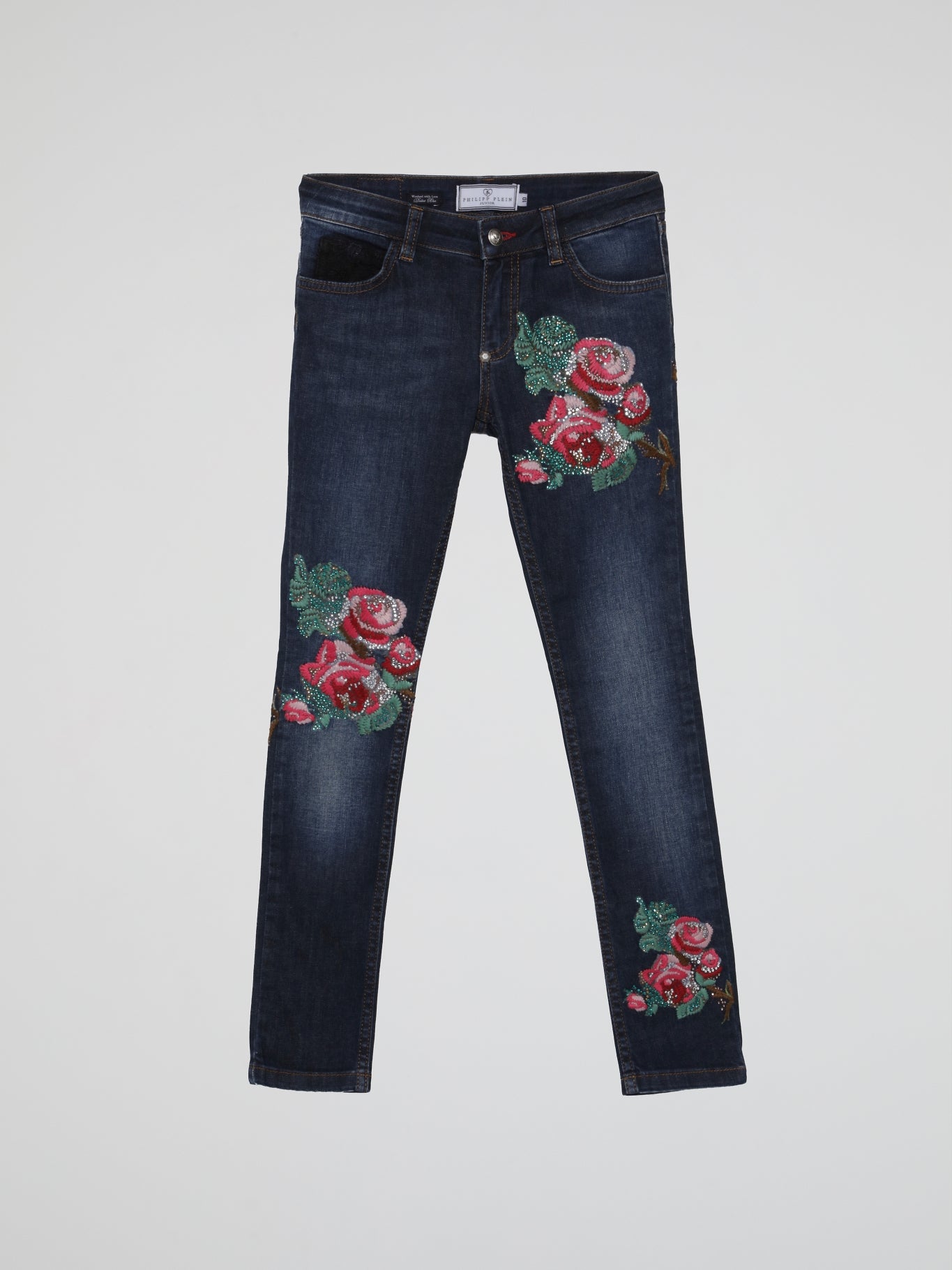 Navy Embroidered Flowers Denim Jeans (Kids)