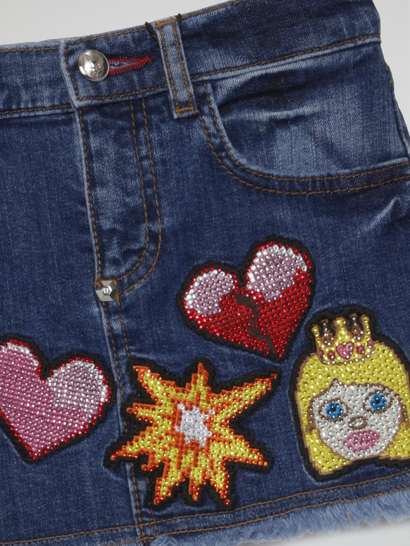 Blue Embroidered Emoji Frayed Denim Skirt (Kids)