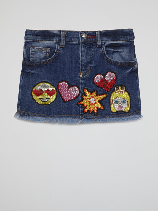 Blue Embroidered Emoji Frayed Denim Skirt (Kids)