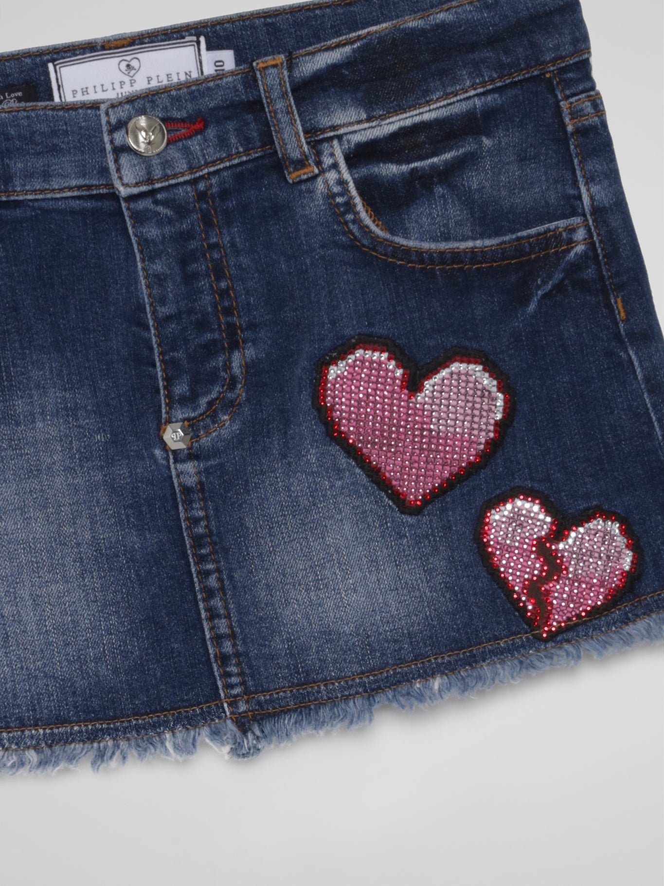 Blue Embroidered Hearts Frayed Denim Skirt (Kids)
