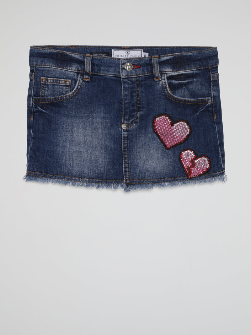 Blue Embroidered Hearts Frayed Denim Skirt (Kids)
