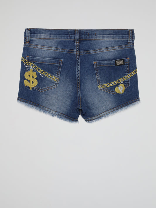 Blue Embroidered Bling Denim Shorts (Kids)