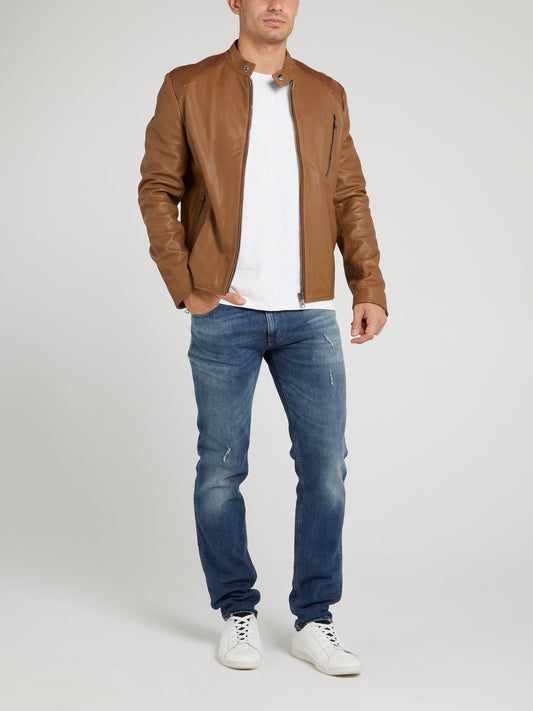 Khaki Leather Moto Jacket