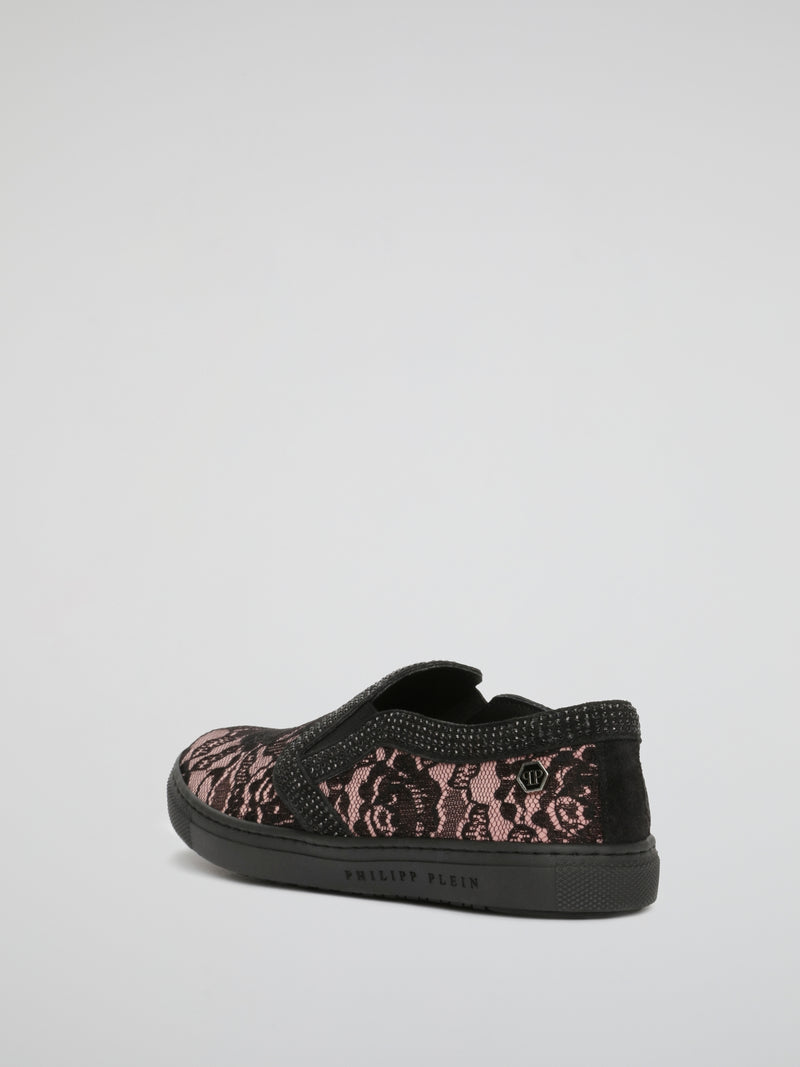 Studded Black Lace Slip-On Sneakers (Kids)