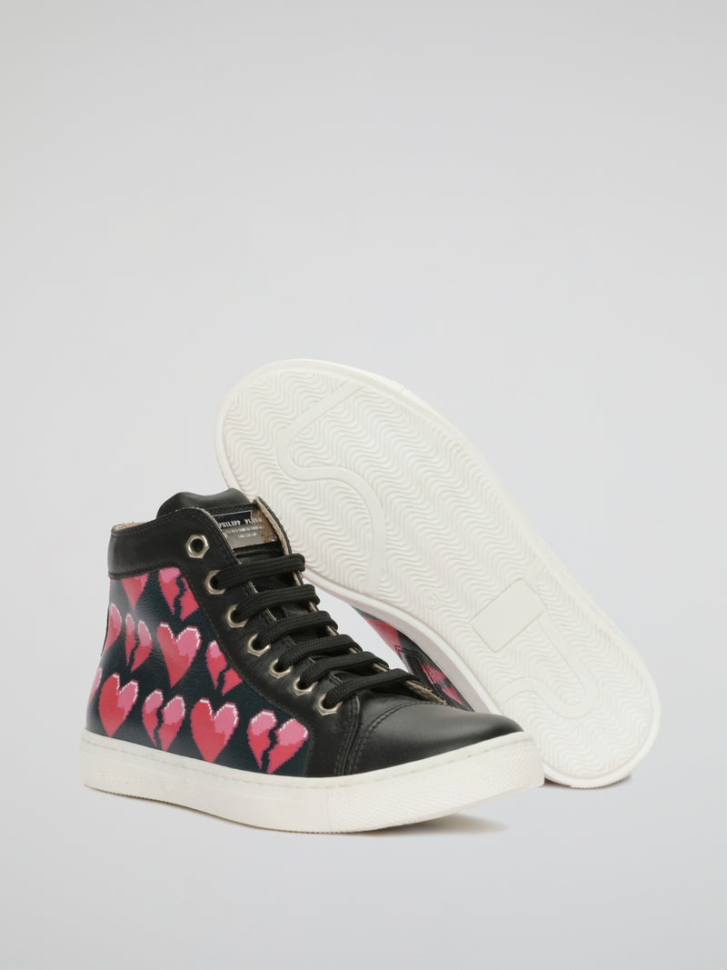 Black Heart Print Leather Shoes (Kids)