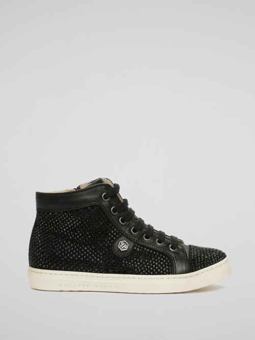 Black Crystal Detail Lace Up Sneakers (Kids)